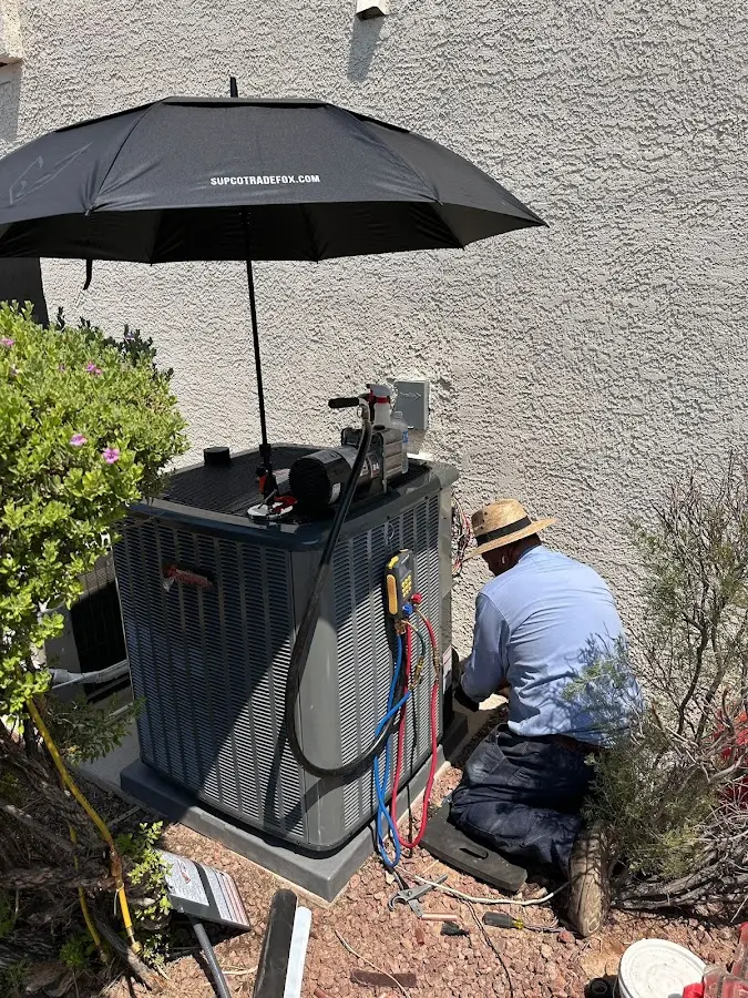 HVAC technician performing outdoor AC maintenance in LaSalle